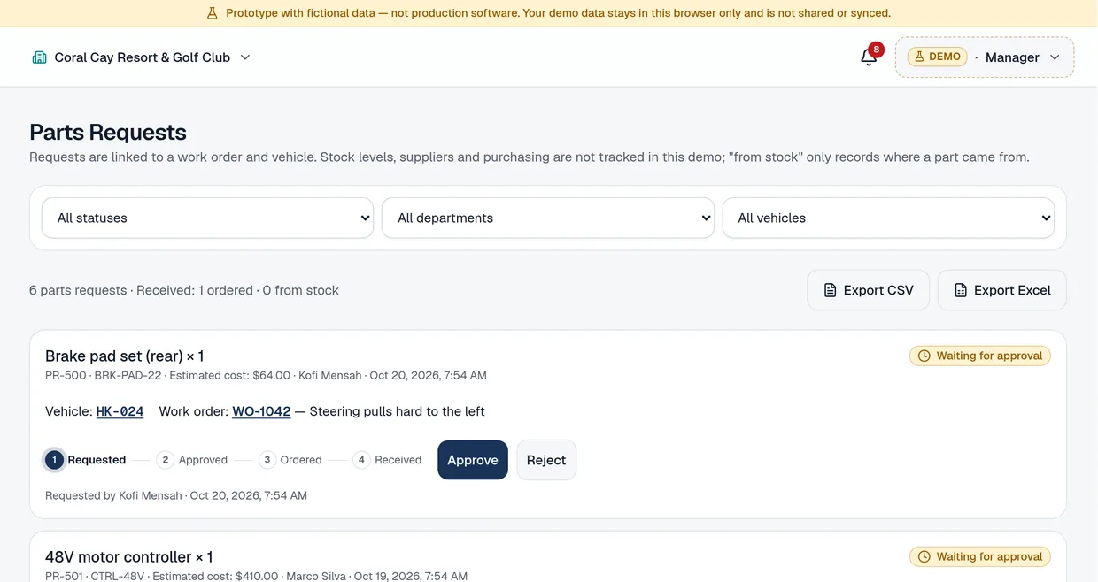 Demo Parts Requests list: parts waiting for approval, each linked to a vehicle and work order, with a Requested, Approved, Ordered, Received stepper and Approve and Reject buttons.