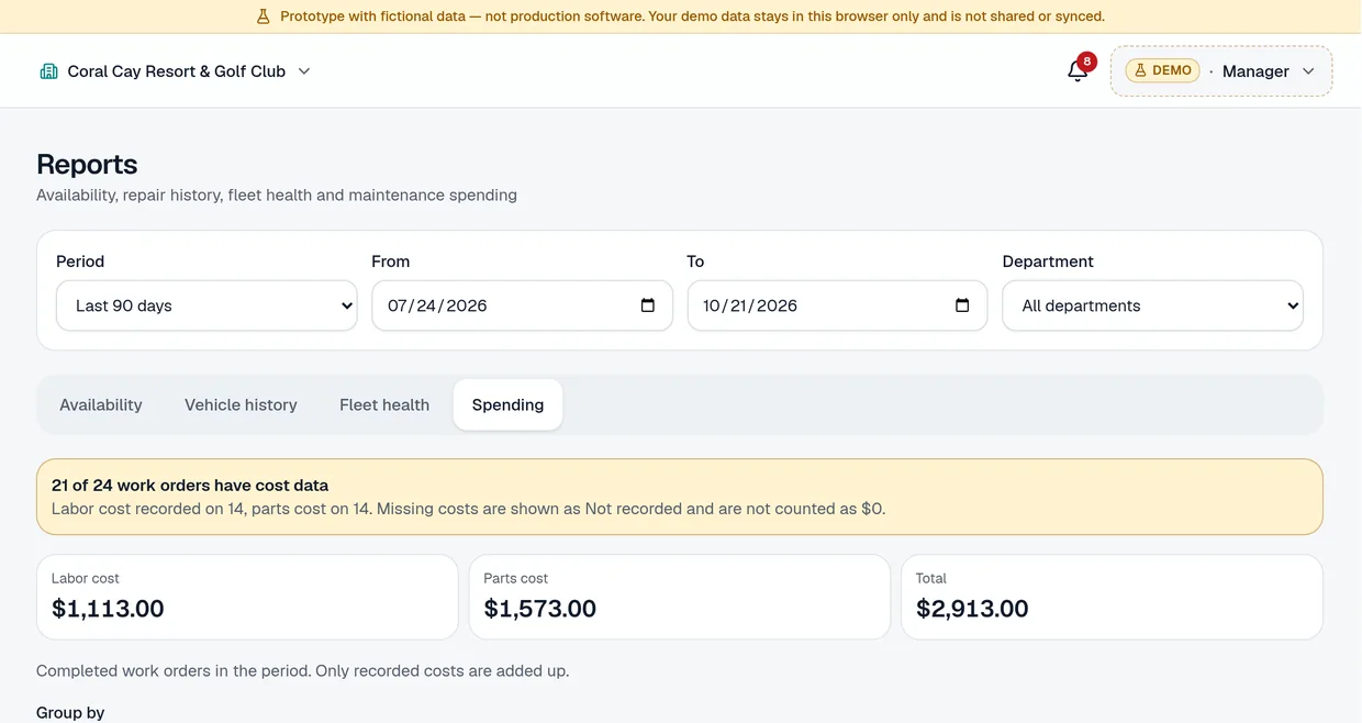 Demo Reports, Spending tab: labor, parts and total cost from recorded costs, grouped by vehicle, with CSV and Excel export.